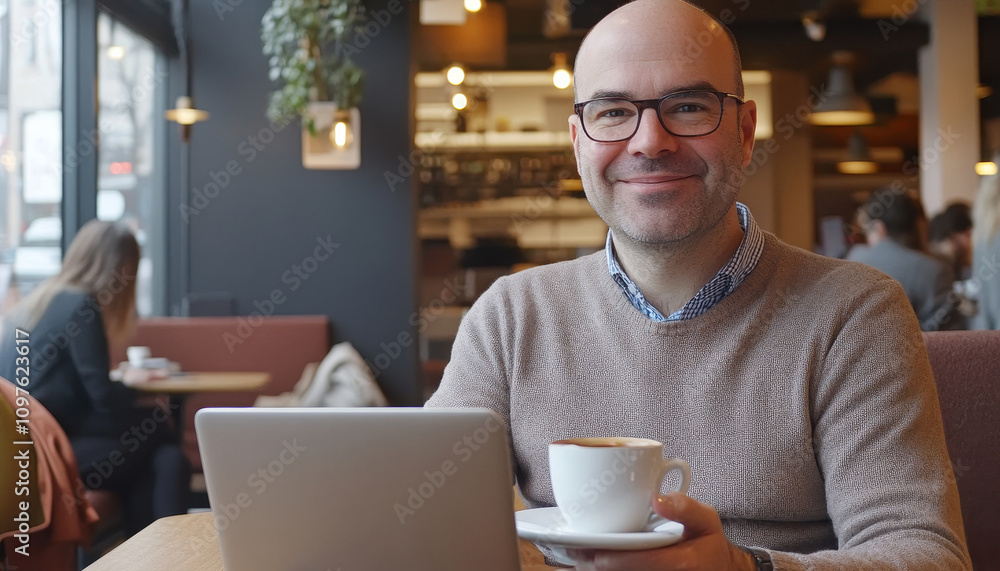 Businessman with charming smile enjoying a cup of coffee in a cozy cafe environment for professional inspiration Businessman with charming smile enjoying a cup of coffee in a cozy cafe environment for professional inspiration
