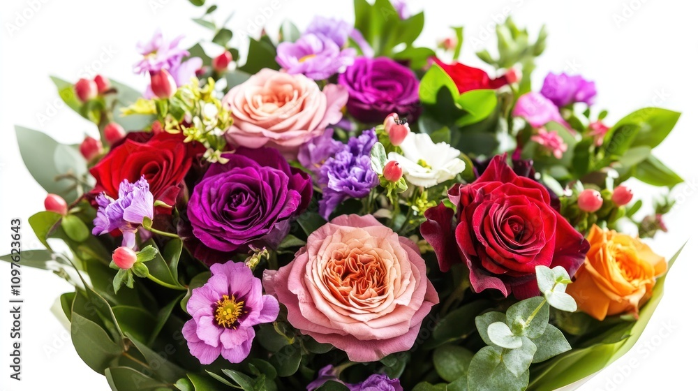 A vibrant bouquet of colorful roses and other flowers arranged in a beautiful and romantic display. A vibrant bouquet of colorful roses and other flowers arranged in a beautiful and romantic display.