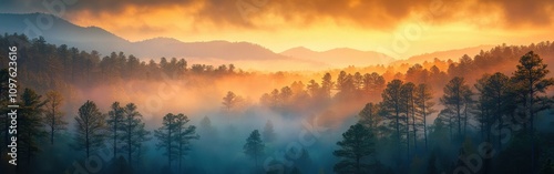 A breathtaking dawn breaks over the Talladega National Forest, revealing misty mountains and vibrant colors of nature photo