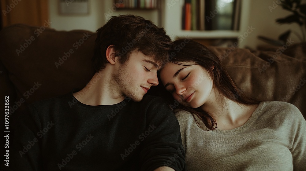 Young couple cuddling on sofa, heads together, eyes closed, peaceful. Young couple cuddling on sofa, heads together, eyes closed, peaceful.