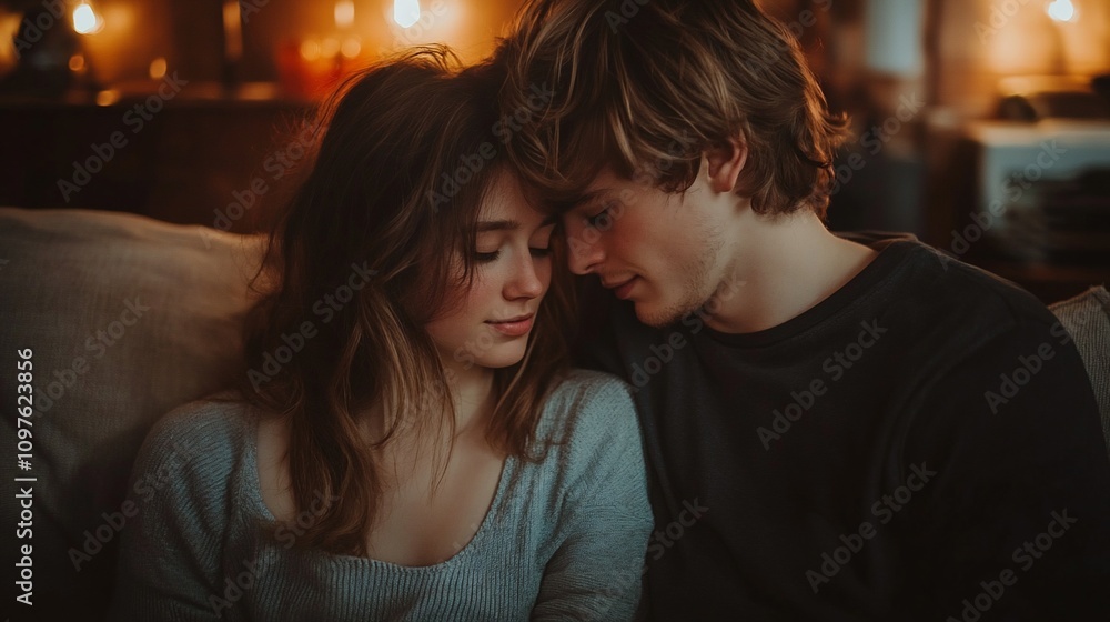 Young couple embracing on sofa, intimate moment. Young couple embracing on sofa, intimate moment.
