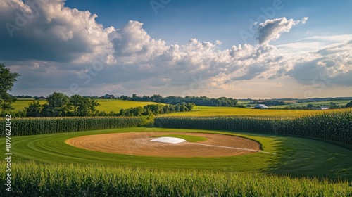 A peaceful afternoon at the Field of Dreams in Iowa, featuring an iconic baseball diamond surrounded by lush cornfields photo