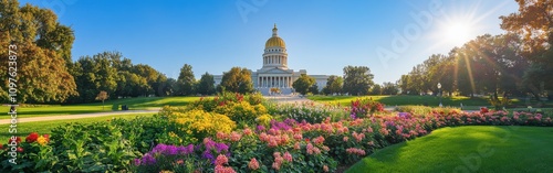 A beautiful day at Iowa State features vibrant gardens and the golden dome beneath a clear blue sky photo