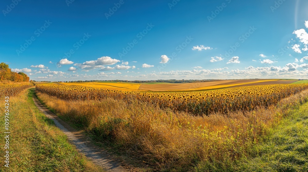 Fototapeta premium A breathtaking view of the Loup Rivers during golden hour featuring expansive fields and vibrant sunflowers