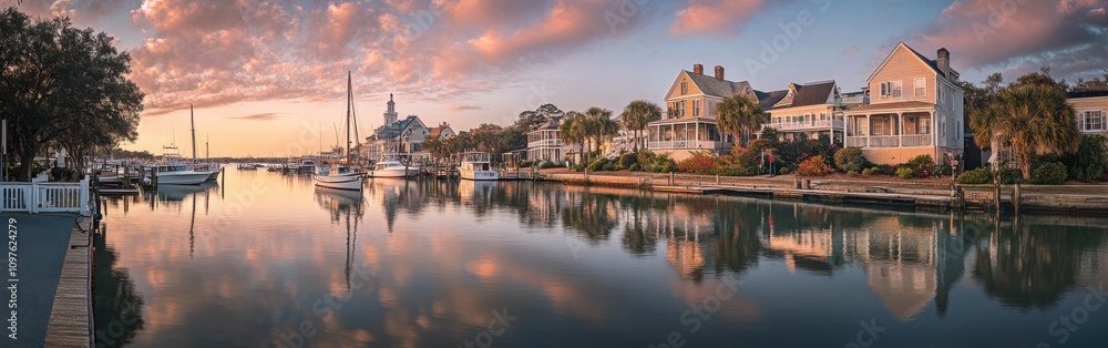 Fototapeta premium A breathtaking view of the historic town at sunset, showcasing serene waters and charming waterfront homes