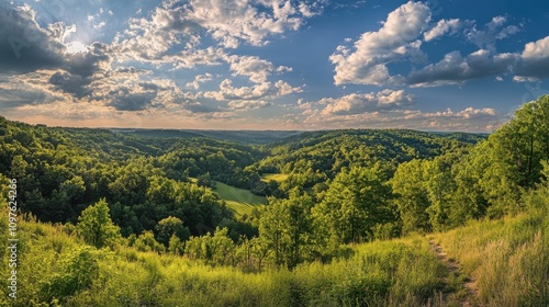 A breathtaking panorama of rolling hills and lush greenery at sunset, showcasing the beauty of nature in the countryside