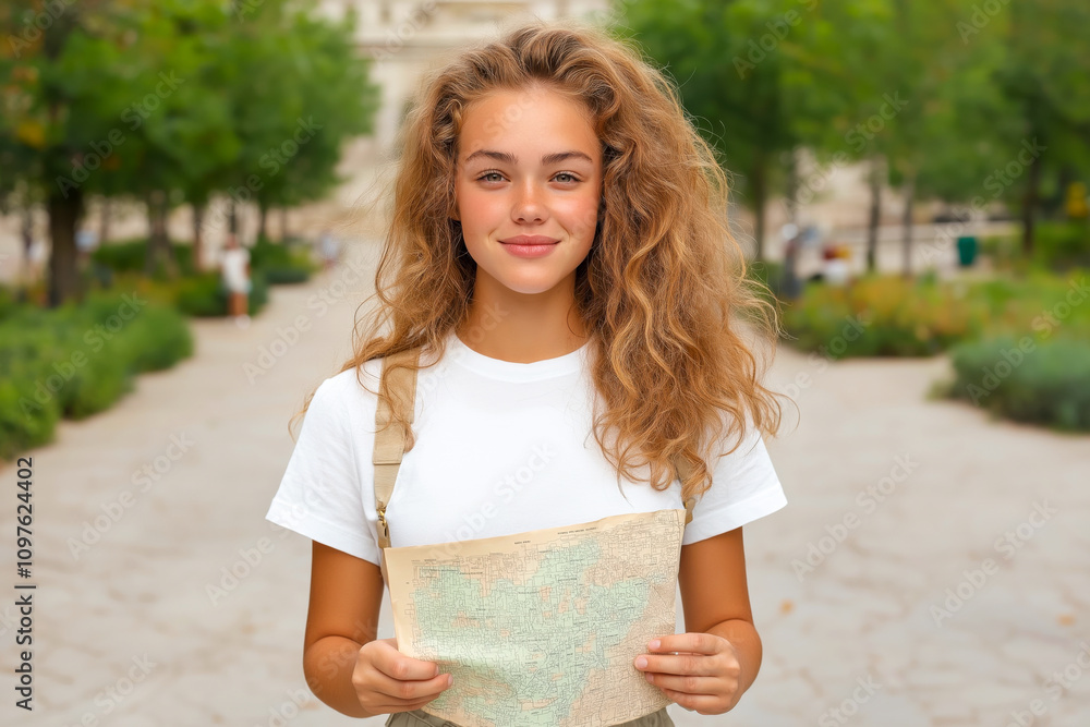 Naklejka premium Young woman tourist, traveler with curly hair holding a map in a lush green park during daytime, enjoying a moment of exploration and adventure, surrounded by nature and other park visitors