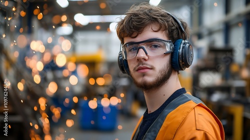 Young male industrial worker wearing safety glasses and headphones in a factory.