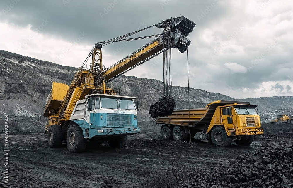 A yellow and blue machine is loading coal into an open truck in the background of rocky terrain, with a white sky and blue accents. A yellow and blue machine is loading coal into an open truck in the background of rocky terrain, with a white sky and blue accents.