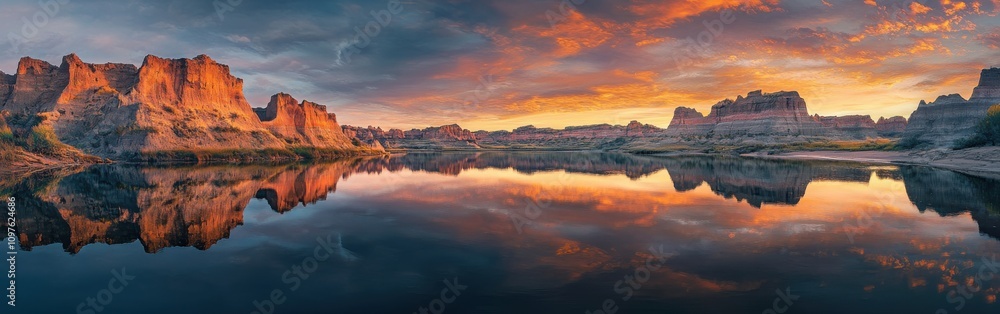 Obraz premium A breathtaking panorama of the Missouri River at sunset highlighting vibrant colors and stunning rock formations along the water’s edge