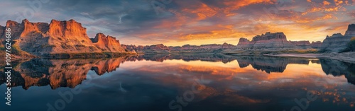 A breathtaking panorama of the Missouri River at sunset highlighting vibrant colors and stunning rock formations along the water’s edge