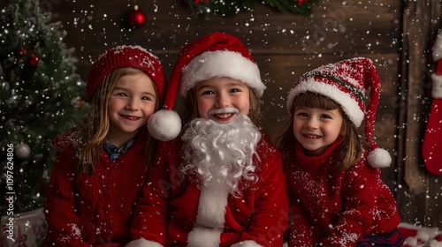 Santa Claus with Two Smiling Children in Festive Sweaters by a Christmas Tree_6