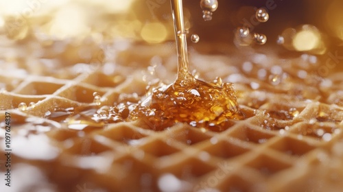 Golden syrup being poured over a waffle, creating a sweet and delicious treat.