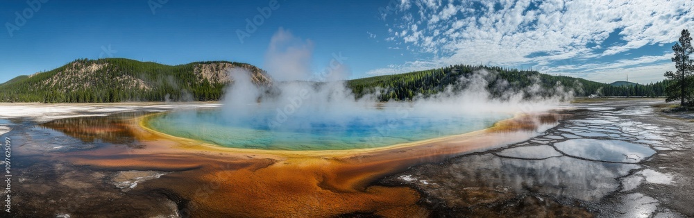 Discover the breathtaking beauty of Yellowstone National Park's vibrant geothermal features and steam rising under a clear blue sky