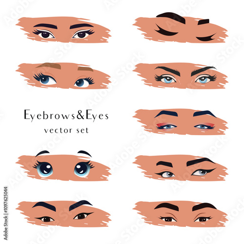 Set of realistic and cartoon female eyes and eyebrows in different close-up poses on an isolated background. Vector.
