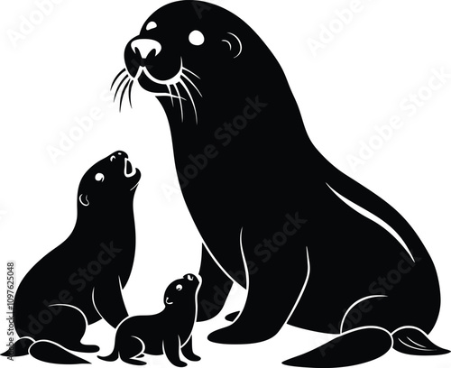 Black and White Vector Illustration of Sea Lion Family: Mother, Pup, and Baby Sea Lion Graphic Design for Wildlife and Marine Life Projects