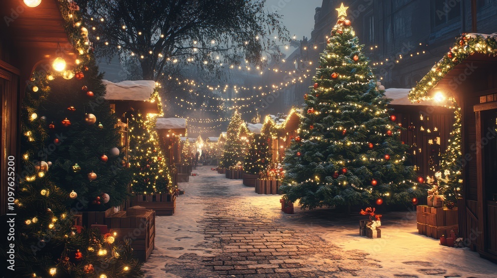 Christmas Tree Market with Decorated Trees and Festive Lights. Christmas Tree Market with Decorated Trees and Festive Lights.