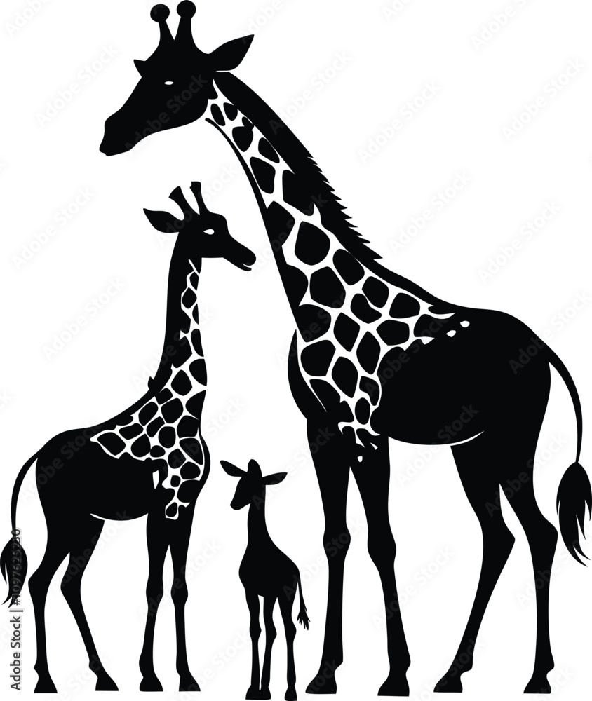 Fototapeta premium Giraffe Family Silhouette Vector: Mother, Calf, and Baby Giraffes Illustration, Wildlife Art, Black and White Graphic, Animal Clipart