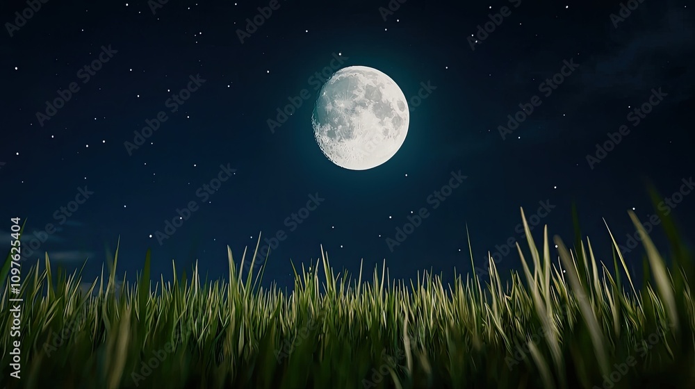 Fototapeta premium A serene night scene featuring a bright moon illuminating a grassy landscape under a starry sky.