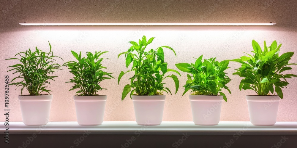 A row of vibrant green plants in white pots, illuminated by soft lighting, creates a fresh and inviting indoor space. A row of vibrant green plants in white pots, illuminated by soft lighting, creates a fresh and inviting indoor space.