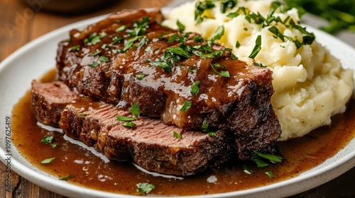 Savory beef brisket with mashed potatoes homemade kitchen food photography warm atmosphere culinary delight