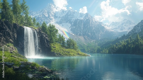 A serene landscape featuring a waterfall cascading into a tranquil lake, surrounded by lush greenery and majestic mountains under a clear blue sky.