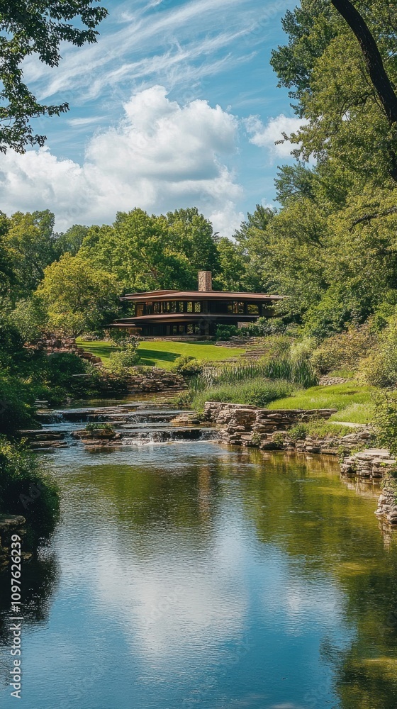 A tranquil view of a charming house surrounded by lush greenery and sparkling water in a peaceful natural setting A tranquil view of a charming house surrounded by lush greenery and sparkling water in a peaceful natural setting