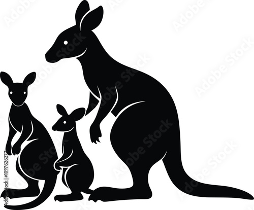 Kangaroo Family Black Silhouette Vector Illustration: Mother, Joey, and Baby Kangaroos Graphic Art for Australian Wildlife Designs