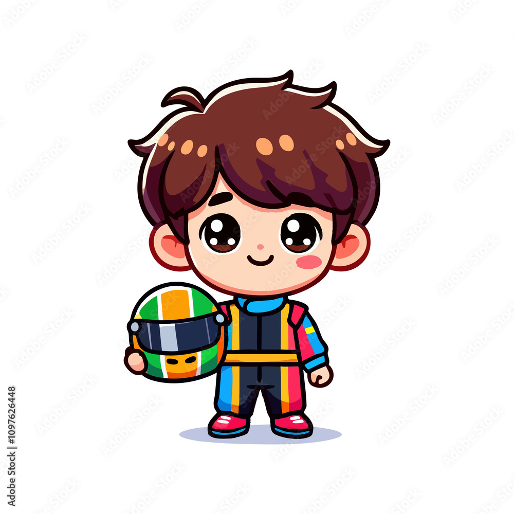 A cartoon boy is holding a racing helmet A cartoon boy is holding a racing helmet