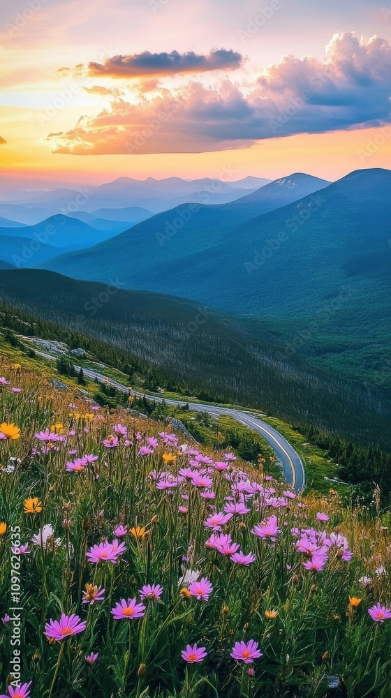 Fototapeta premium Experience the beauty of wildflowers along the Mt Washington Auto Road at sunset with stunning mountain views in New Hampshire