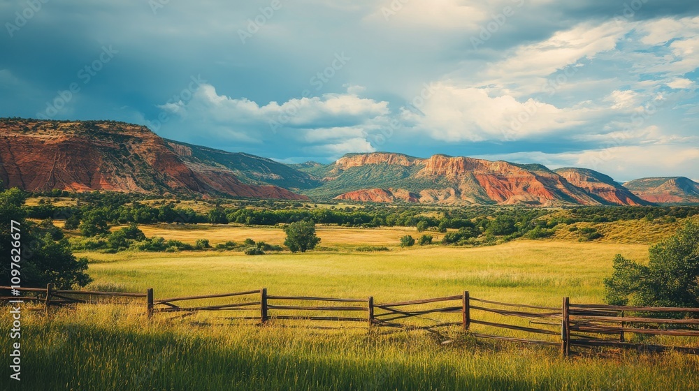 Fototapeta A lush green field with a wooden fence under a dramatic sky at Ghost Ranch, showcasing the stunning landscape and vibrant colors of nature