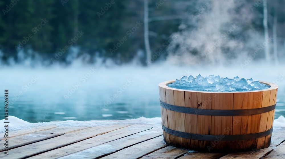 Outdoor Wooden Tub Filled with Ice Water,Surrounded by Frosty Nature and Mist Rising Outdoor Wooden Tub Filled with Ice Water,Surrounded by Frosty Nature and Mist Rising