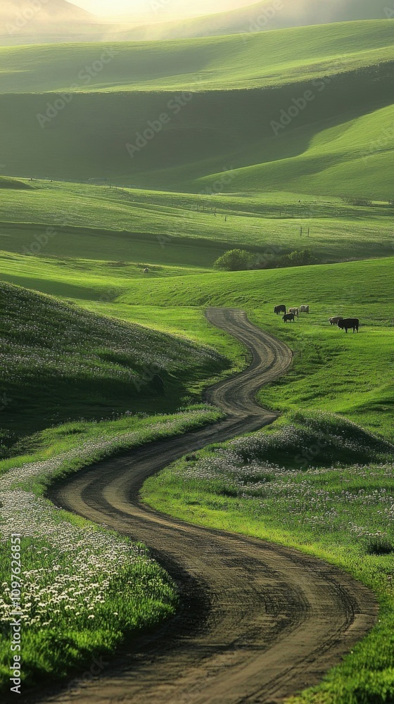 A winding country road through lush green fields, dotted with grazing cattle under a soft afternoon light A winding country road through lush green fields, dotted with grazing cattle under a soft afternoon light