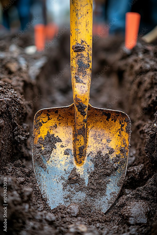 Close up of a yellow trowel used in construction site generated.AI
