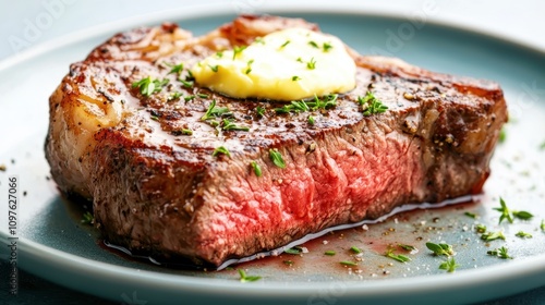 Sizzling ribeye steak culinary delight kitchen setting gourmet presentation close-up food photography