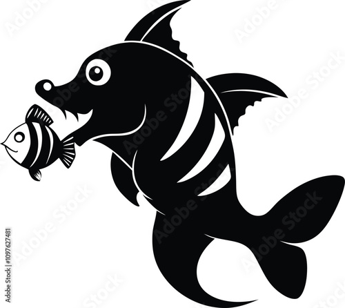 Cartoon Fish Eating Smaller Fish Vector Illustration: Black and White Predatory Fish Graphic Design for Kids, Animals, and Nature