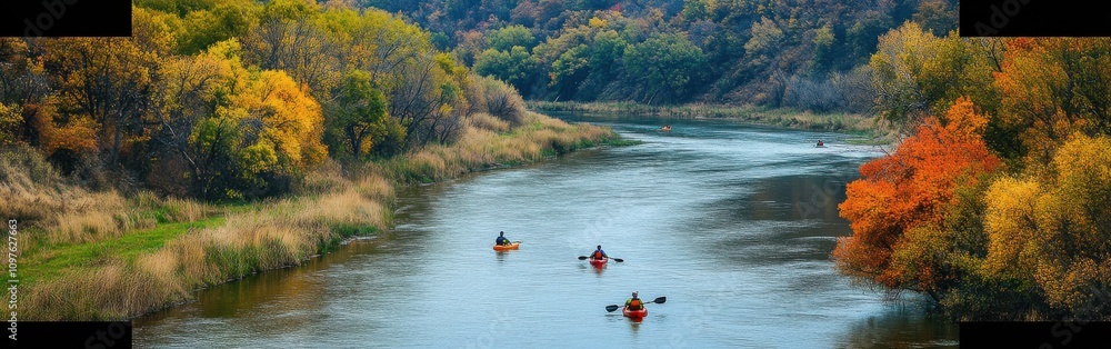 A tranquil afternoon on the Niobrara River with kayakers exploring the colorful autumn foliage A tranquil afternoon on the Niobrara River with kayakers exploring the colorful autumn foliage