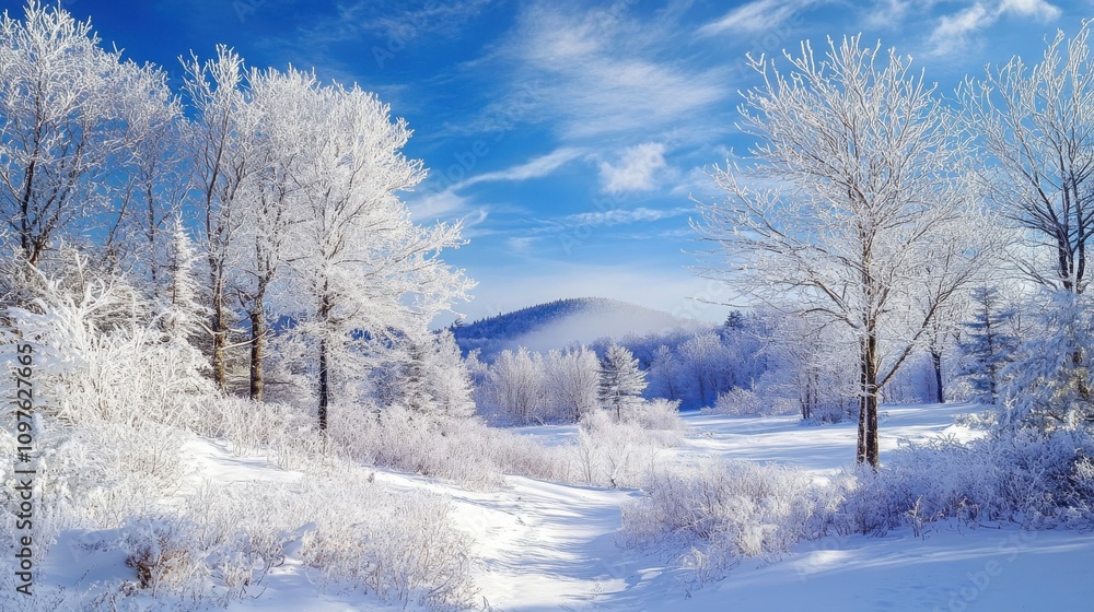 A serene winter landscape of the Monadnock Region covered in fresh snow under a bright blue sky A serene winter landscape of the Monadnock Region covered in fresh snow under a bright blue sky