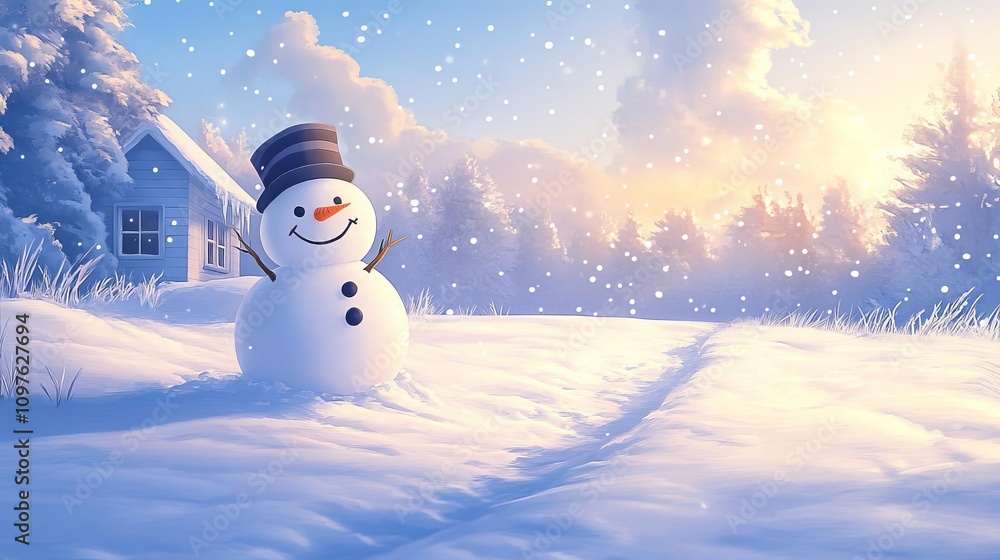 Fototapeta premium A cheerful snowman stands in a winter landscape, surrounded by snow and sunlight.