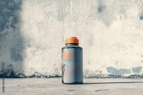 Graffiti spray can on urban background with copy space