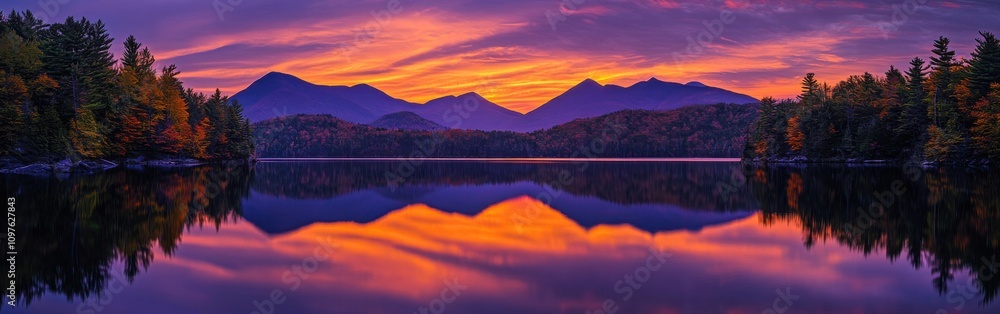A breathtaking sunset over the tranquil waters of the Adirondack Mountains reflecting vibrant colors in autumn A breathtaking sunset over the tranquil waters of the Adirondack Mountains reflecting vibrant colors in autumn