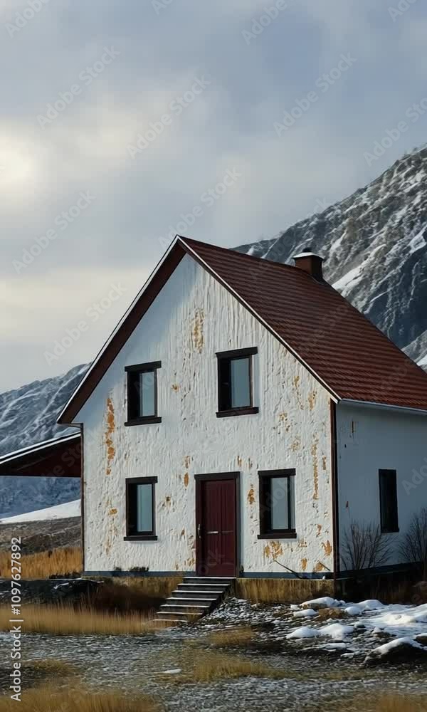 Serene Mountain Landscape Featuring a Rustic House Amidst Majestic Peaks and Calm Waters Serene Mountain Landscape Featuring a Rustic House Amidst Majestic Peaks and Calm Waters