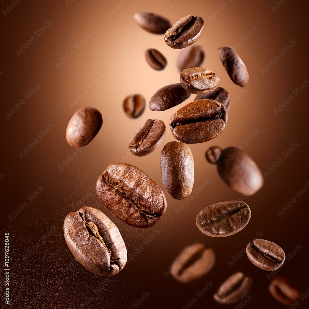 Coffee beans in the air, a graphic resource capture mid-air of coffee beans floating effect in a brown background Coffee beans in the air, a graphic resource capture mid-air of coffee beans floating effect in a brown background