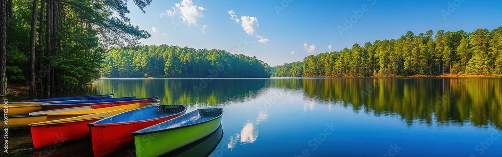 Colorful kayaks at the peaceful waters of a serene lake surrounded by lush green trees on a bright sunny day Colorful kayaks at the peaceful waters of a serene lake surrounded by lush green trees on a bright sunny day