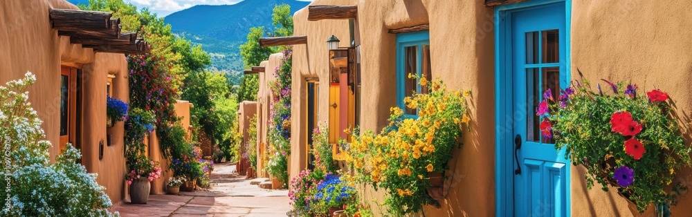 Naklejka premium Charming adobe buildings lined with vibrant flowers in a picturesque village during a sunny afternoon