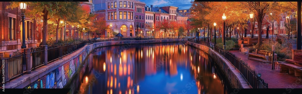Fototapeta premium Charming streets lined with colorful trees reflecting on a peaceful canal during twilight in a picturesque town