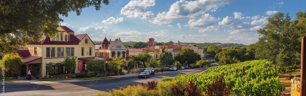 Charming town of Fredericksburg in Texas with vineyards and historic architecture under a sunny blue sky Charming town of Fredericksburg in Texas with vineyards and historic architecture under a sunny blue sky