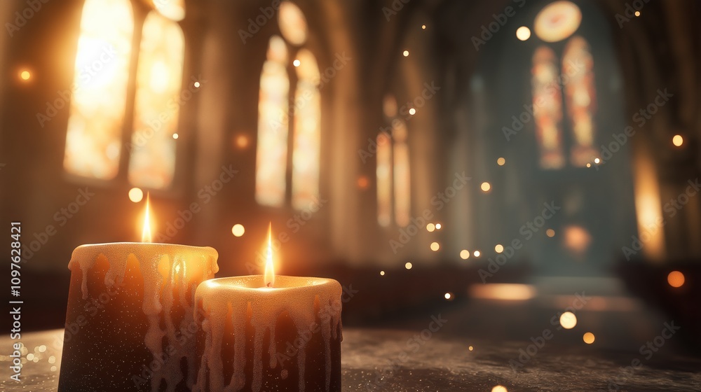 Lit candles in a cathedral with stained glass windows Lit candles in a cathedral with stained glass windows