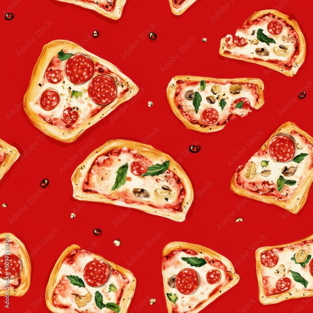 A vibrant pattern featuring slices of garlic pizza with pepperoni and tomatoes on a red background, perfect for food lovers and decor enthusiasts A vibrant pattern featuring slices of garlic pizza with pepperoni and tomatoes on a red background, perfect for food lovers and decor enthusiasts