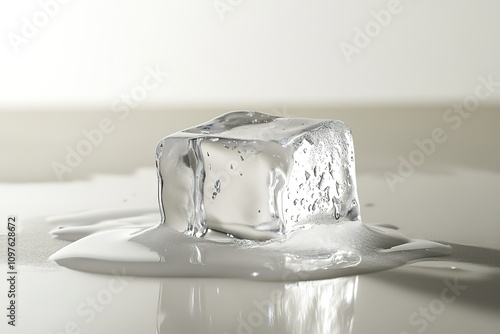 Melting ice cube on reflective surface with water droplets.